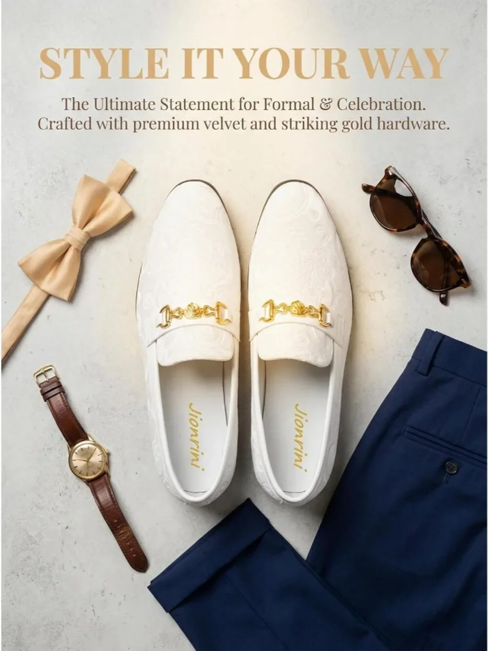 Jionrini Men's White Velvet Loafers Gold Buckle Penny Slip On Classical Shoes